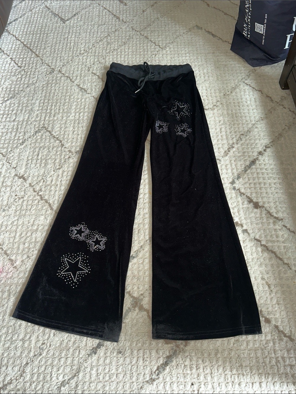 Black Velour Flared Pants with Star Stud Details